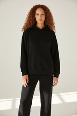 Luxury Fleece Hoodie Lounge Set — Matte Black, Front Standing Pose