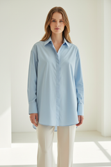 Oversized cotton shirt in Sky Mist Blue, front facing pose