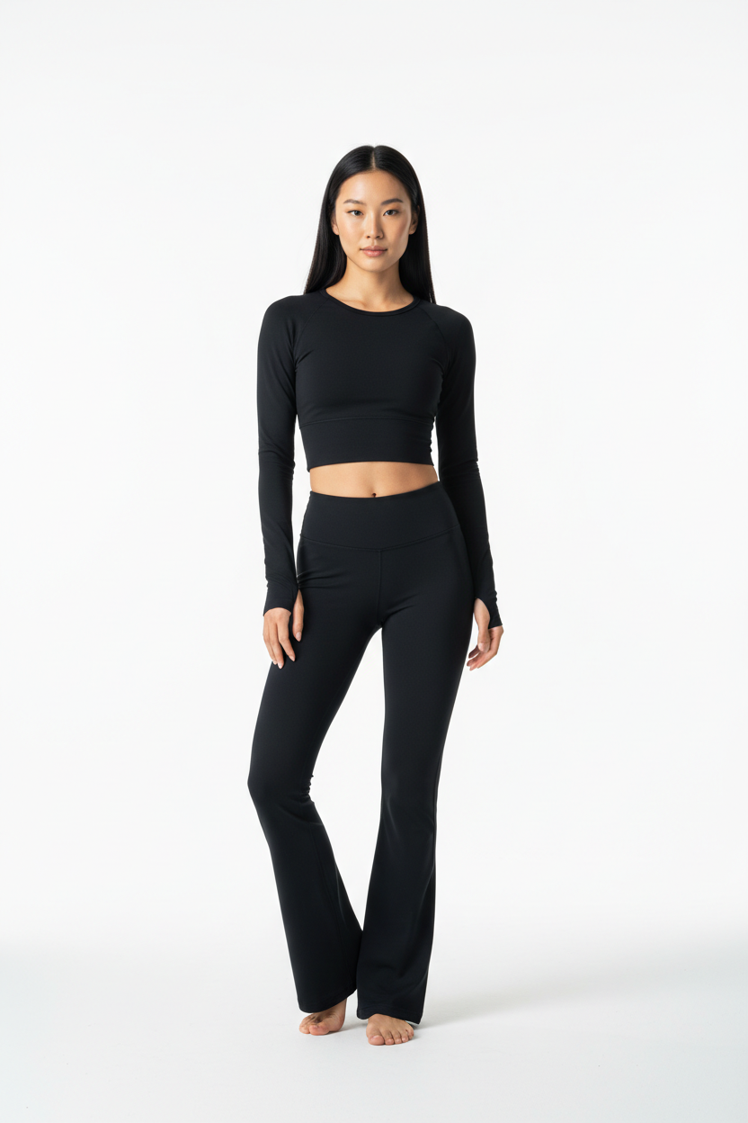 Long Sleeve Performance Top & Flared Yoga Pants Set in Midnight Black — Front Full-Body