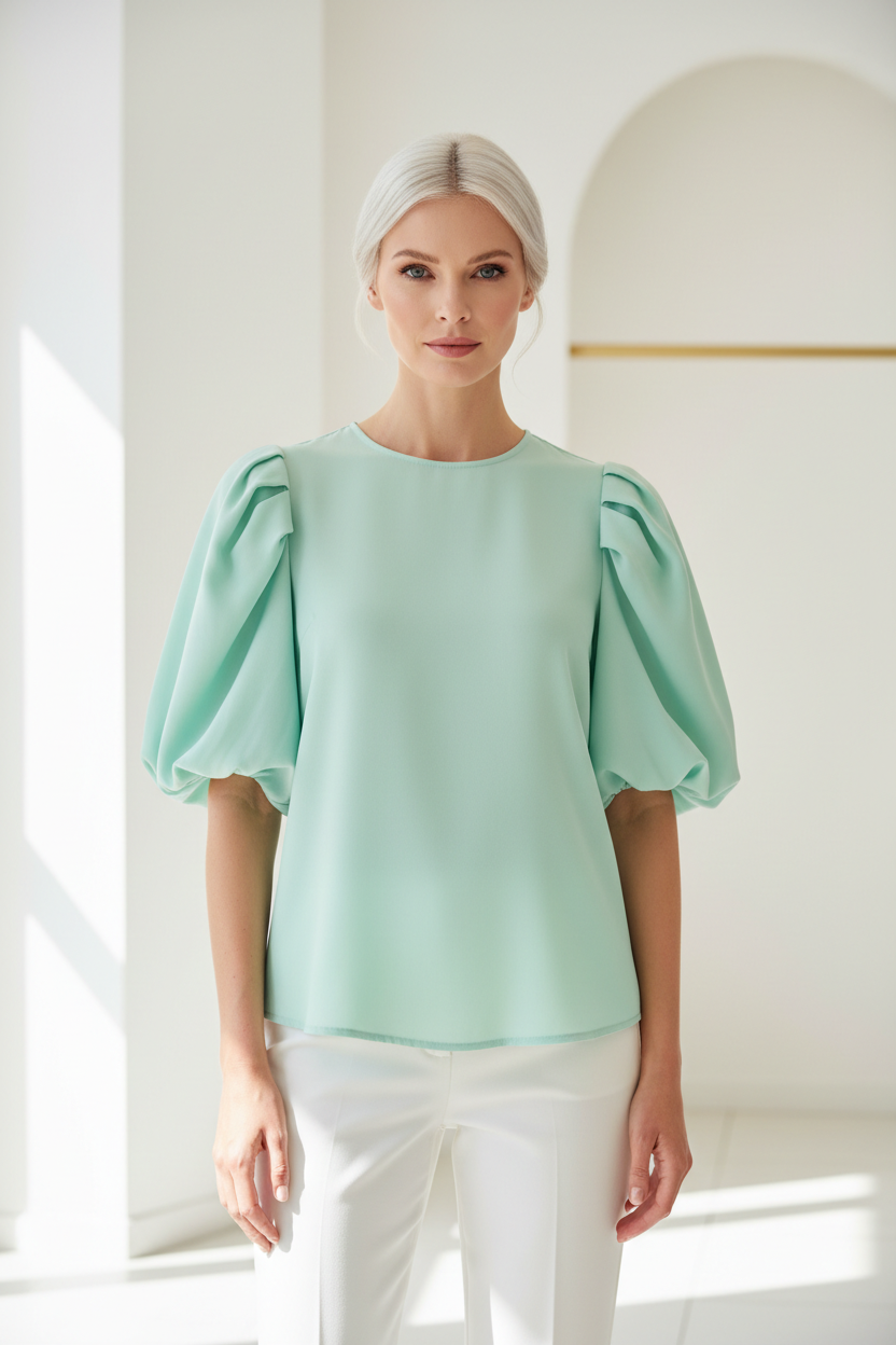 Luxury puff-sleeve shirt in Ice Mint Green, front facing pose