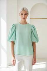 Luxury puff-sleeve shirt in Ice Mint Green, front facing pose