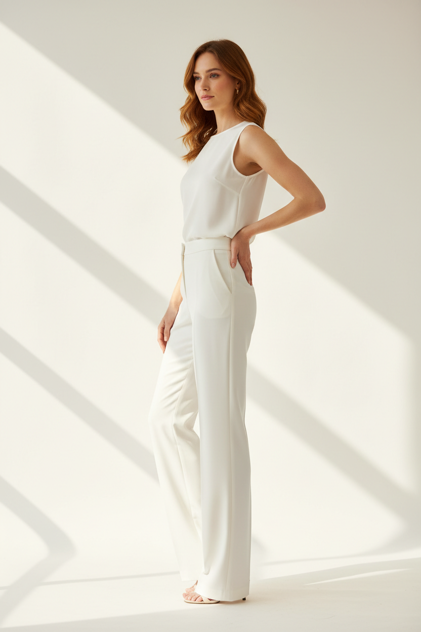 Premium Women's Tailored Straight-Leg Pants in Ivory White - Side Profile
