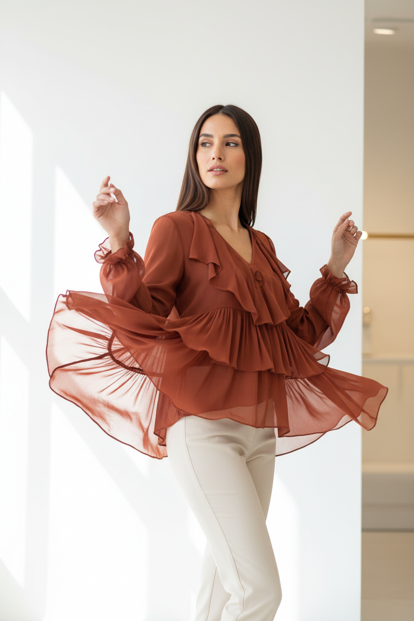 Chiffon Blouse in Cinnamon Rust - Three Quarter Layers Floating