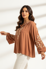 Boho Embroidered Blouse in Desert Clay - Three Quarter Fabric Flowing