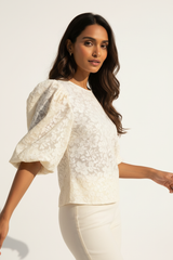 Puff-Sleeve Blouse in Floral Cream - Three Quarter Pose