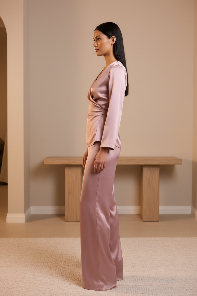 Luxury Satin Fashion Set in Dusty Pink - Side Profile