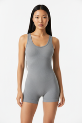 Seamless Body Sculpting Workout Jumpsuit in Stone Grey — Front Full-Body