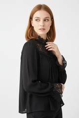 Lace-Trim Blouse in Matte Black - Over Shoulder Pose