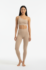 One-Shoulder Sports Bra & Seamless Sculpt Leggings Set in Sand Beige — Front Full-Body