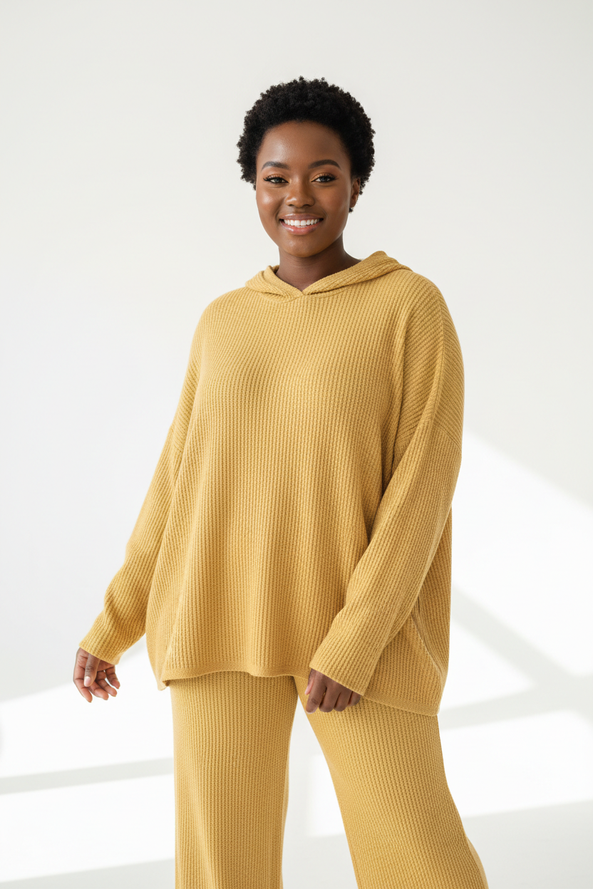 Luxury Waffle Knit Lounge Set — Butter Yellow, Front Standing Pose