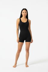 Seamless Body Sculpting Workout Jumpsuit in Midnight Black — Front Full-Body