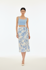 Women's floral wrap skirt set in floral blue, front-facing pose