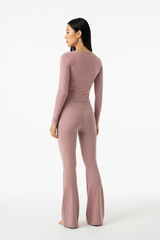 Long Sleeve Performance Top & Flared Yoga Pants Set in Dusty Rose — Back View