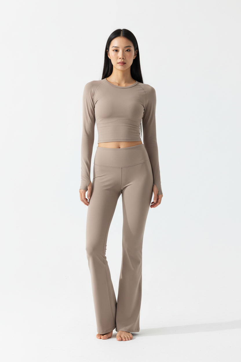 Long Sleeve Performance Top & Flared Yoga Pants Set in Soft Taupe — Front Full-Body
