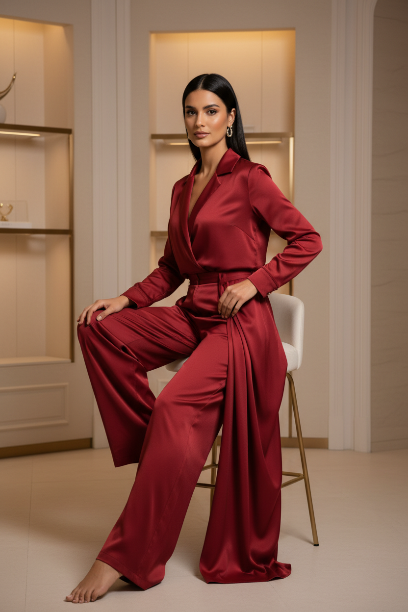 Luxury Satin Fashion Set in Satin Ruby Red - Seated Pose