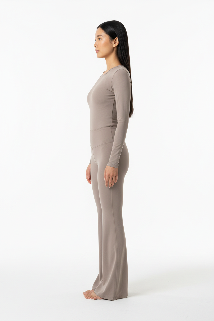 Long Sleeve Performance Top & Flared Yoga Pants Set in Soft Taupe — Side Profile