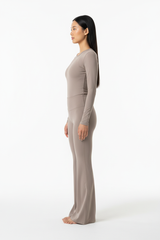 Long Sleeve Performance Top & Flared Yoga Pants Set in Soft Taupe — Side Profile