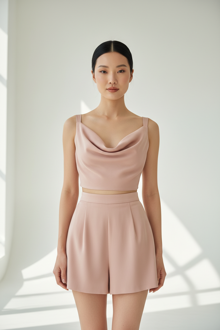 Blush Pink Draped Crop Top Shorts Set – Front Pose