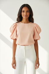 Puff-Sleeve Blouse in Soft Peach - Front Pose
