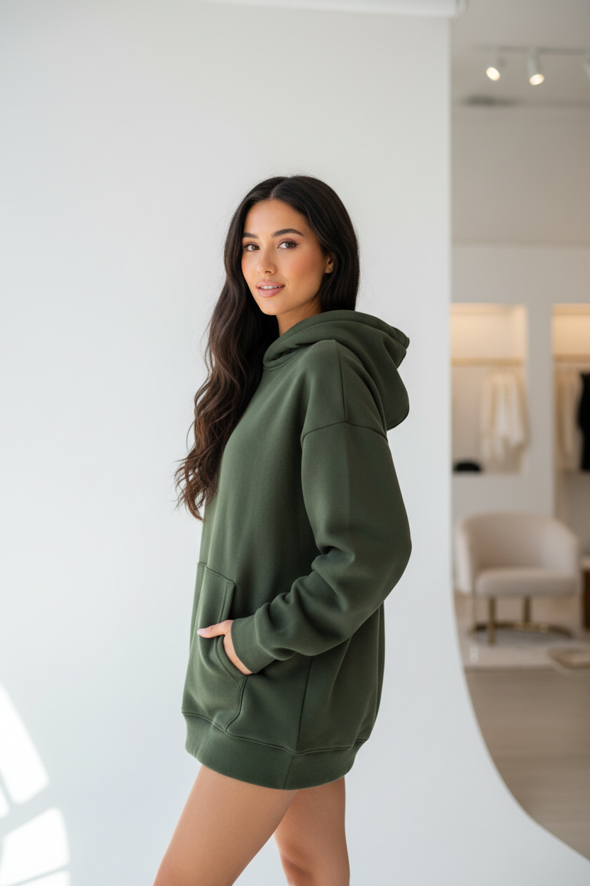 Premium Oversized Hoodie in Forest Moss — Over-shoulder pose, olive green streetwear