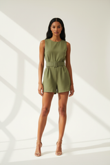 Luxury belted romper in Olive Green – front view