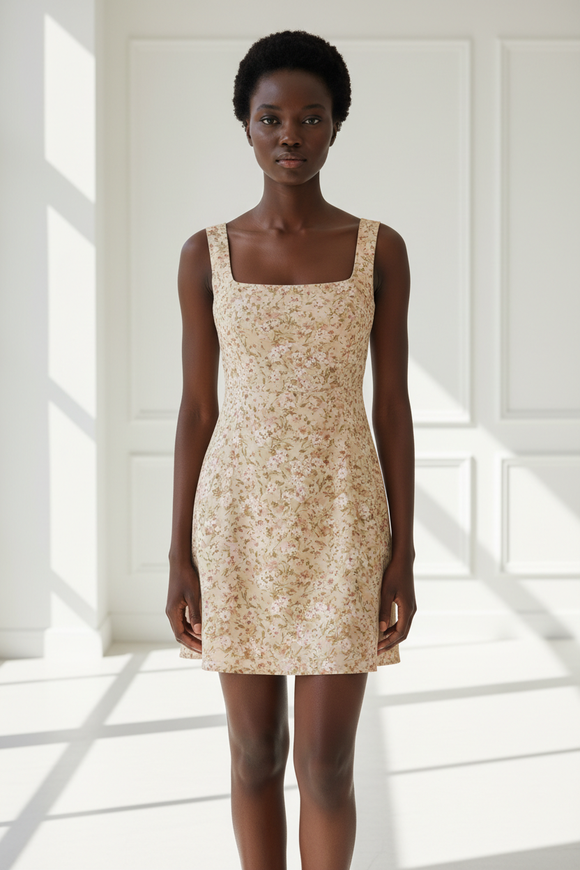 Luxury Square-Neck Mini Dress in Floral Beige - front-facing pose