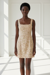 Luxury Square-Neck Mini Dress in Floral Beige - front-facing pose