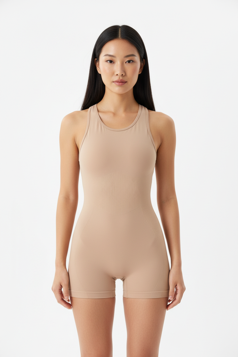 Seamless Racerback Sports Romper in Beige Nude — Front Full-Body