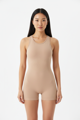 Seamless Racerback Sports Romper in Beige Nude — Front Full-Body