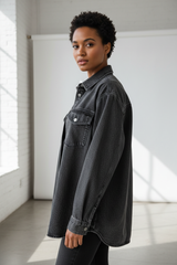 Luxury oversized denim shirt in Vintage Charcoal, three-quarter turn pose