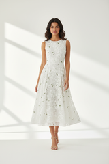 Luxury Floral Midi Dress in Ivory White - front-facing pose