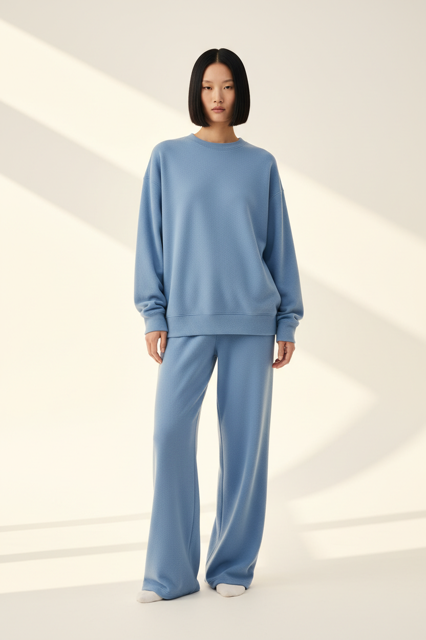 Luxury Oversized Sweatshirt Lounge Set — Powder Blue, Front Standing Pose