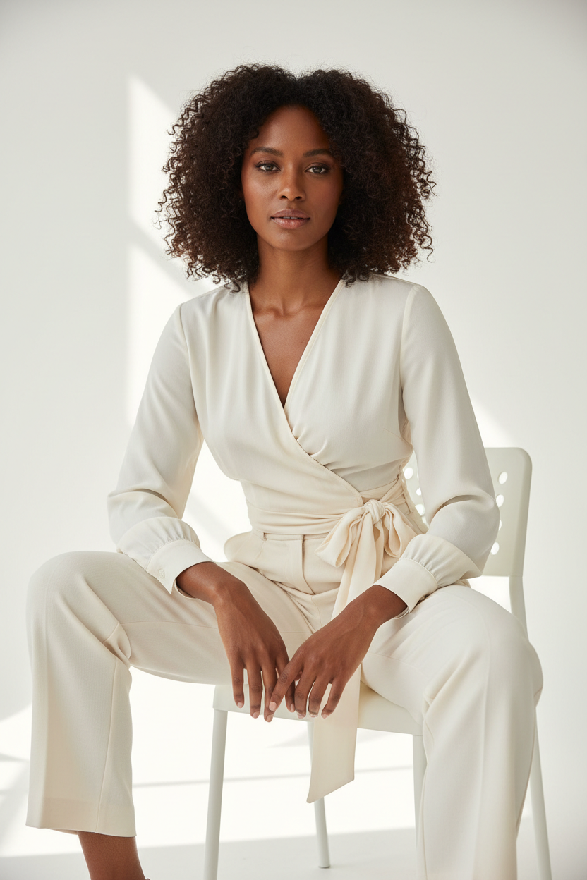 Wrap Blouse in Soft Ivory - Seated Pose