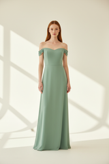 Luxury Off-Shoulder Maxi Dress in Sage Green - front-facing pose