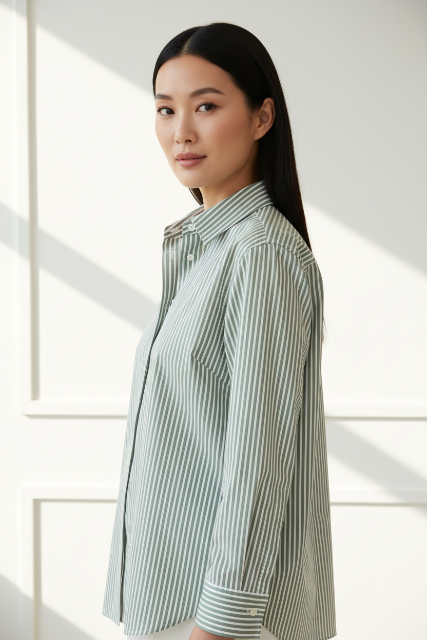 Luxury striped shirt in Sage Stripe, three-quarter turn pose