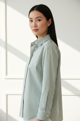 Luxury striped shirt in Sage Stripe, three-quarter turn pose