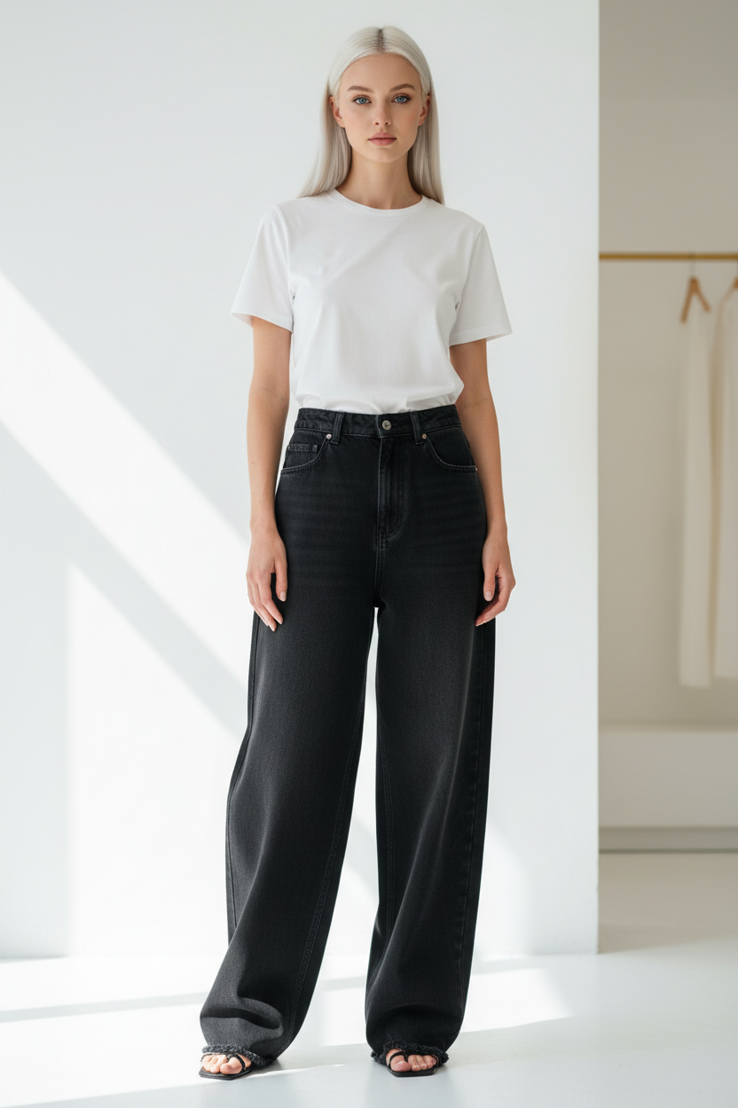 Premium Women's Baggy Denim Pants in Matte Black - Front View
