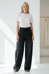 Premium Women's Baggy Denim Pants in Matte Black - Front View