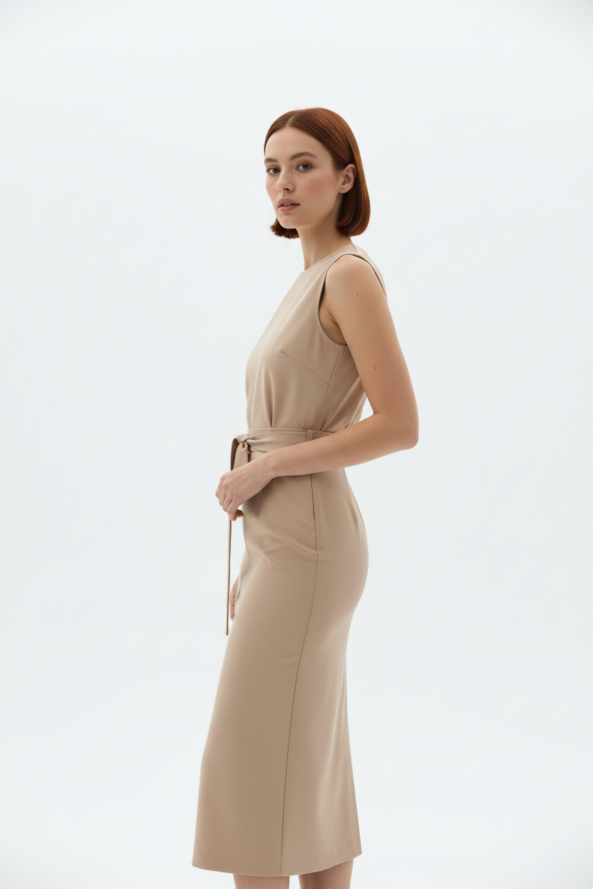 Women's elegant midi skirt set in beige nude, three-quarter turn pose
