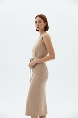 Women's elegant midi skirt set in beige nude, three-quarter turn pose