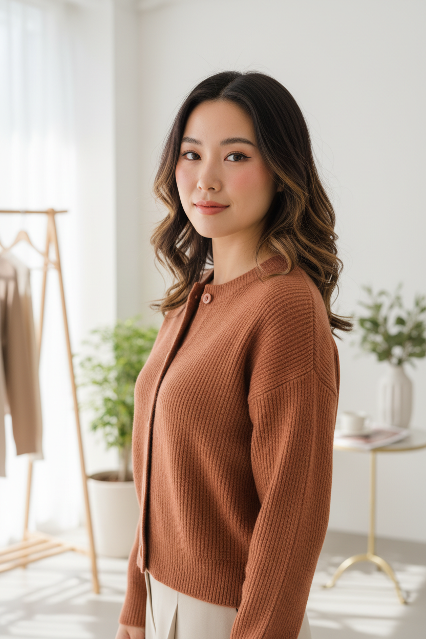 Luxury cardigan sweater in Burnt Clay, three-quarter turn pose
