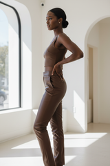 Premium Women's Faux Leather Slim-Fit Pants in Chocolate Brown - Three Quarter View