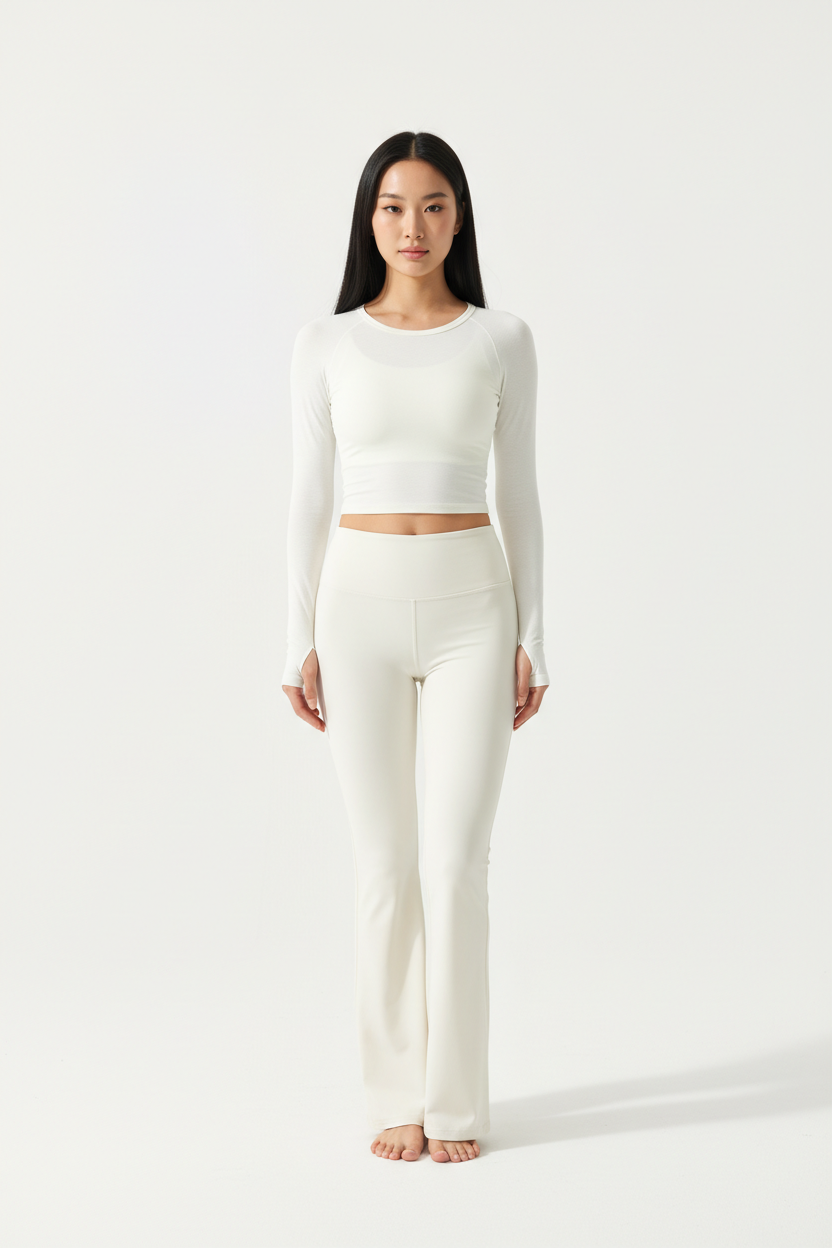 Long Sleeve Performance Top & Flared Yoga Pants Set in Ivory White — Front Full-Body