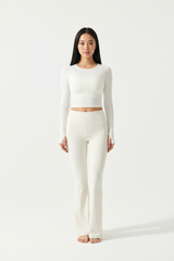 Long Sleeve Performance Top & Flared Yoga Pants Set in Ivory White — Front Full-Body