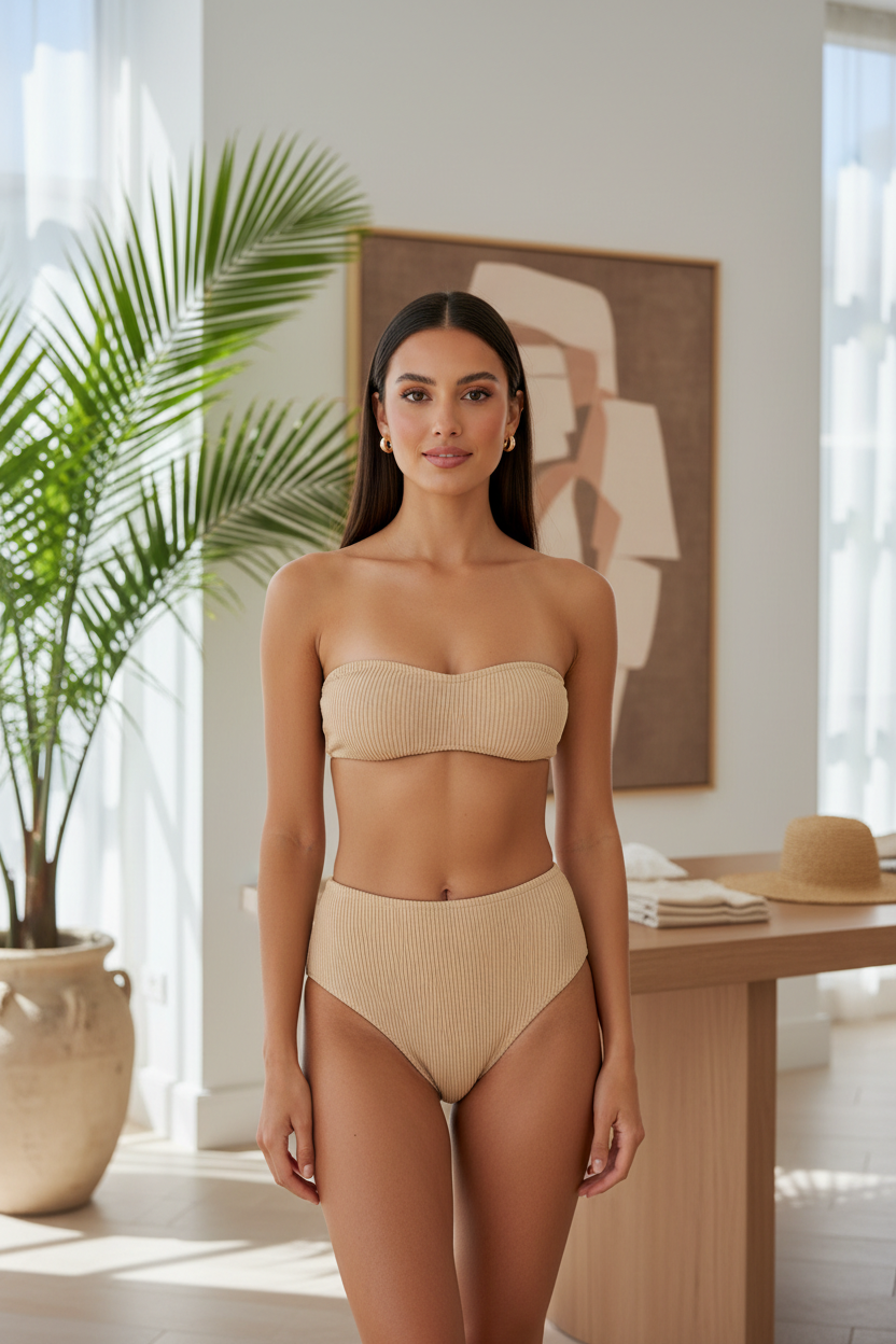 Luxe Ribbed High-Waist Bikini Set in Sand Beige – front-facing pose