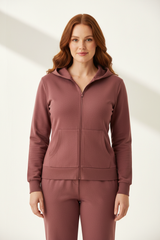 Luxury zip-up hoodie in Muted Rosewood, front facing pose