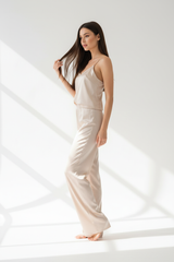 Luxury Satin Lounge Set — Champagne Satin, Side Profile Pose