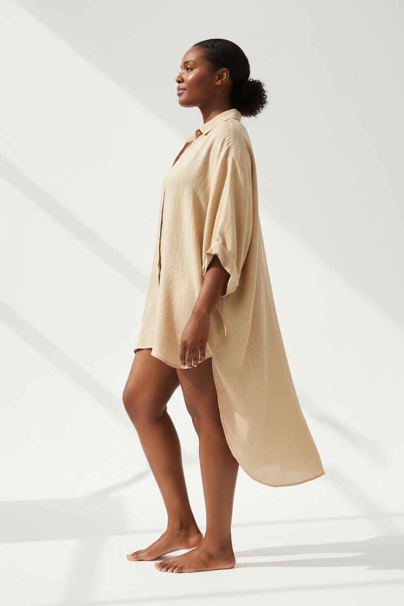 Luxury linen oversized shirt in Desert Beige, side profile pose