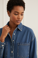 Luxury oversized denim shirt in Washed Indigo, detail close-up of denim texture and stitching