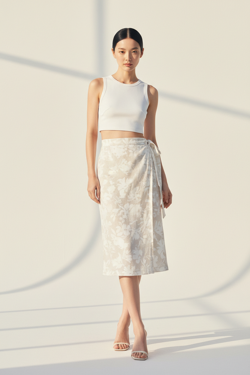 Women's floral wrap skirt set in floral white, front-facing pose